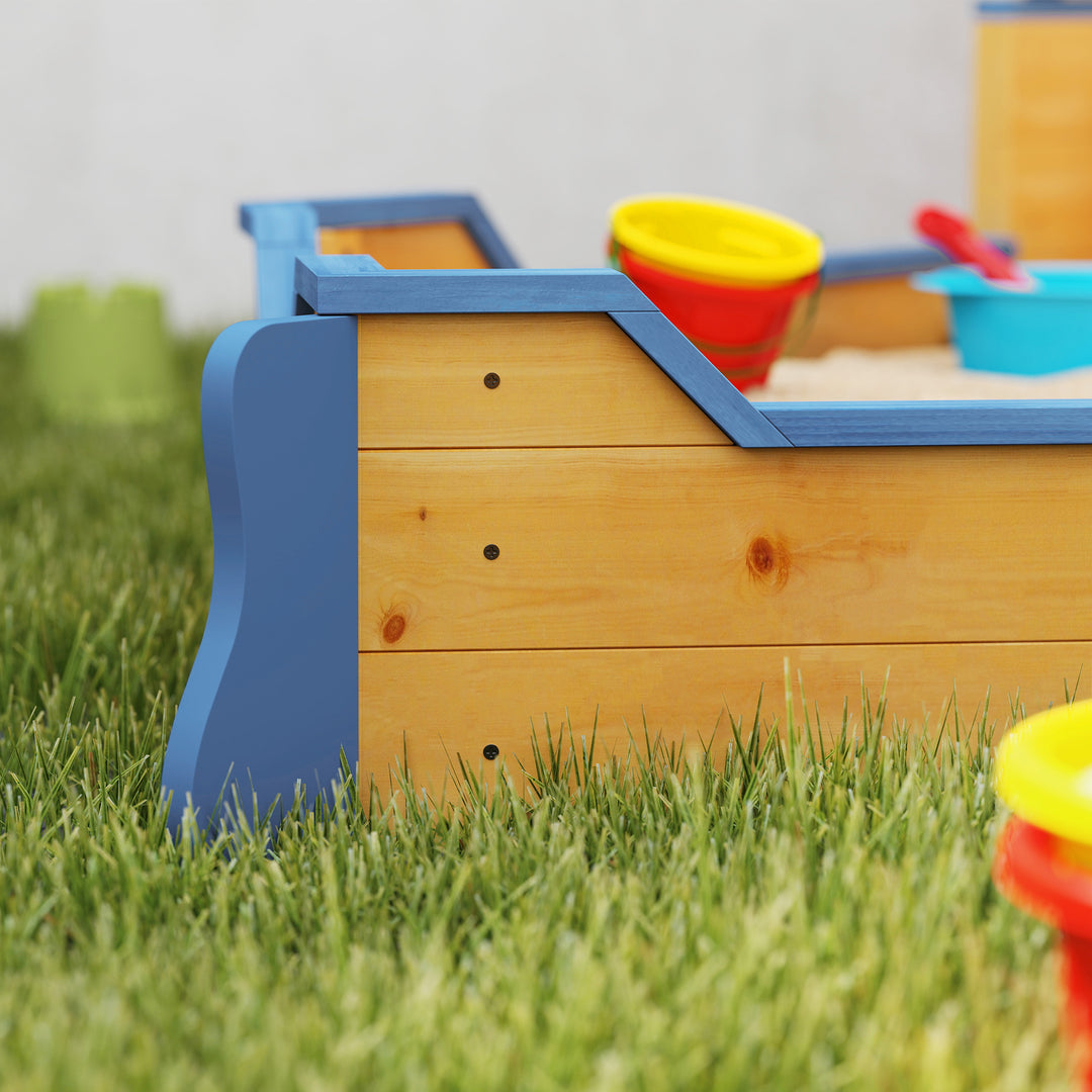 Sand pit Kids Children Sandpit Wooden Pirate Ship Sandboat Outdoor Backyard Playset w/Bench Bottom Liner