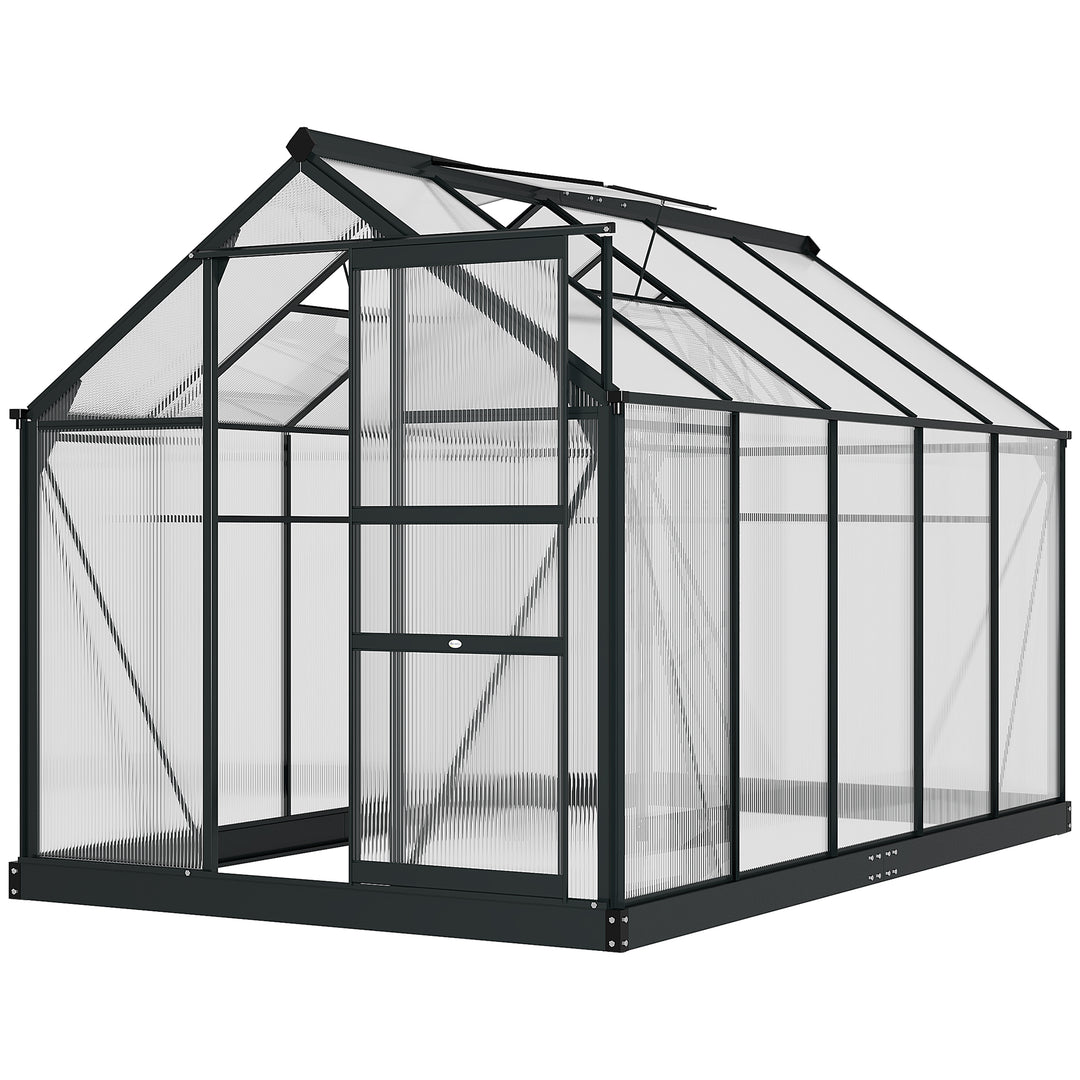 6 x 10ft Polycarbonate Greenhouse, Large Walk-In Green House with Slide Door and Window, Garden Plants Grow House with Aluminium Frame and Foundation, Grey