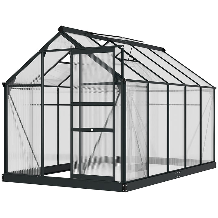 6 x 10ft Polycarbonate Greenhouse, Large Walk-In Green House with Slide Door and Window, Garden Plants Grow House with Aluminium Frame and Foundation, Grey