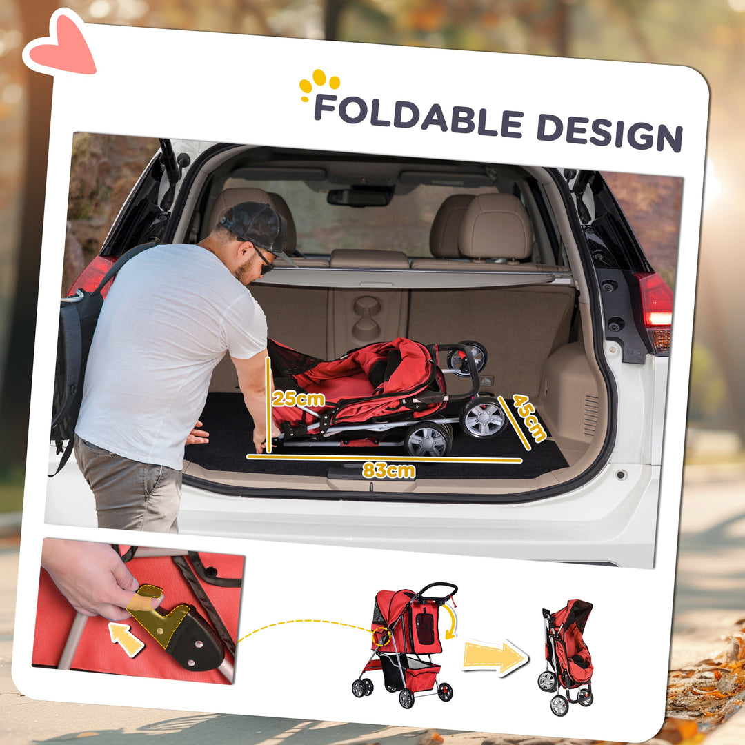 Pet Stroller for Small Miniature Dogs Cats Foldable Travel Carriage with Wheels Zipper Entry Cup Holder Storage Basket Red