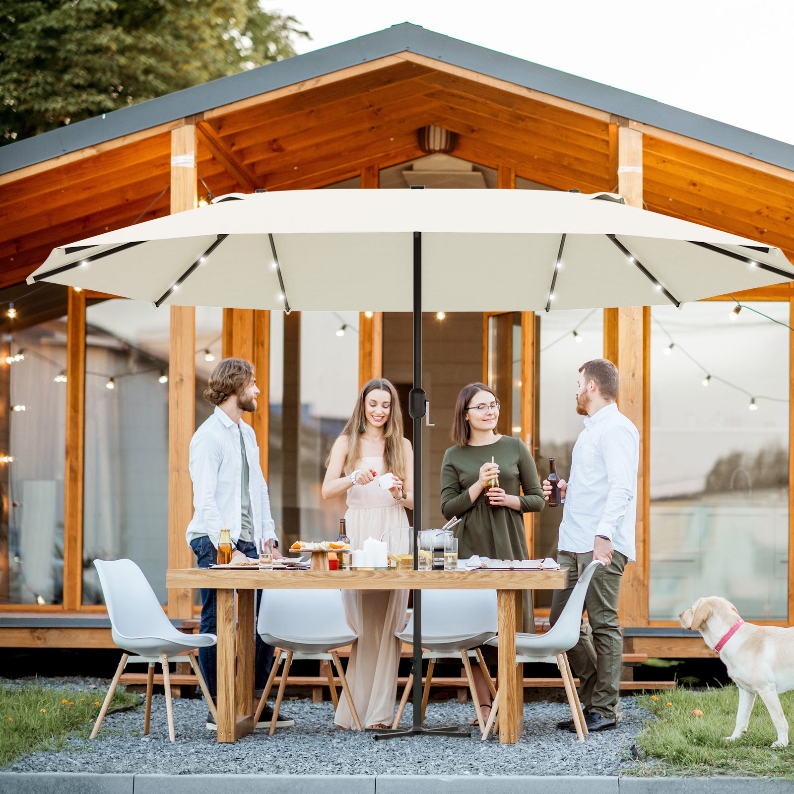 4.4m Double-Sided Sun Umbrella Patio Parasol LED Solar Lights Cream White