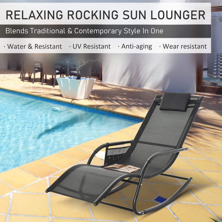 2PCs Outdoor Garden Rocking Chair, Patio Sun Lounger Rocker Chair with Breathable Mesh Fabric, Removable Headrest Pillow, Armrest, Side Storage Bag, Black