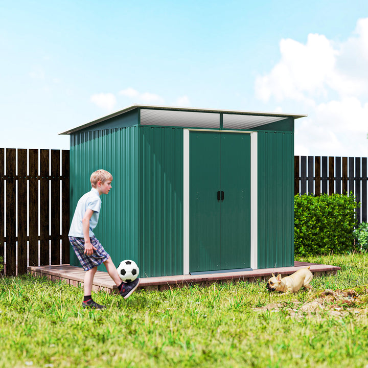 MCL 8.5 x 6ft Metal Shed with Lightsky Panels, Garden Storage Tool House with Double Doors for Garden, Patio and Lawn, Green