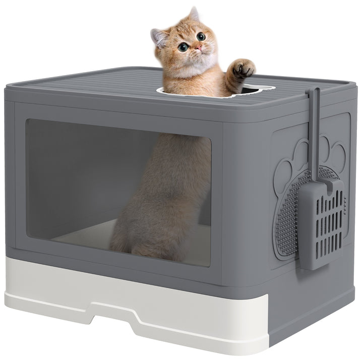 PawHut Enclosed Cat Litter Box: Front/Top Entry, Drawer Tray & Accessories, Grey | Aosom UK