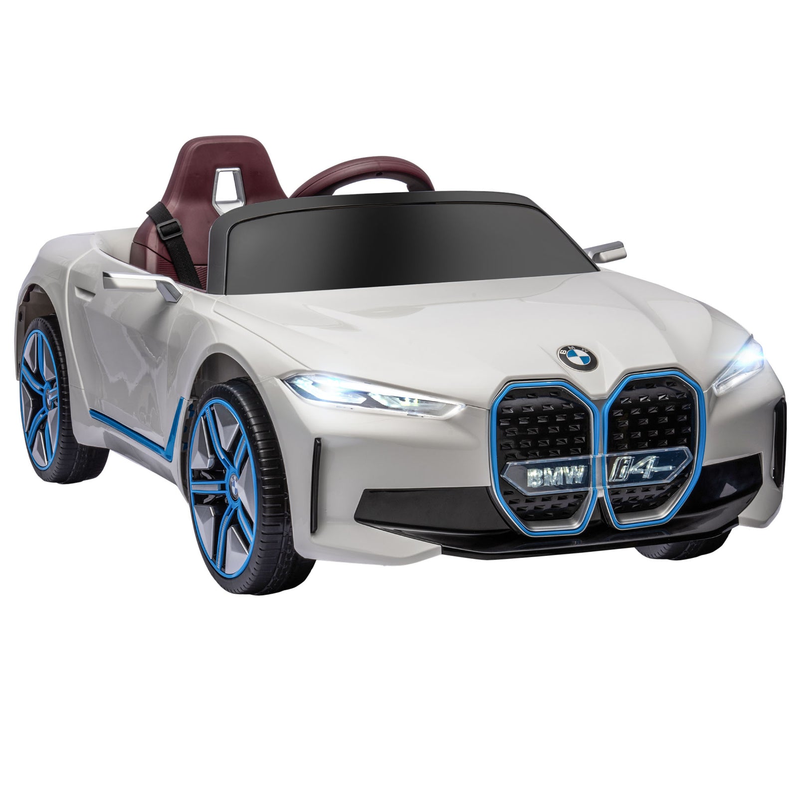 BMW i4 Licensed 12V Kids Electric Ride-On Car, White, Red and Light Blue