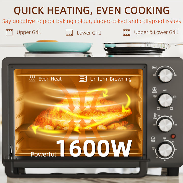 28L Mini Oven with 2 Hot Plates, Countertop Toaster Oven, Grill, Roast, Bake, Boil, with Timer, Adjustable Temperature, Electric Oven with Baking Tray, Grill Rack, Crumb Tray, 2600W, Black