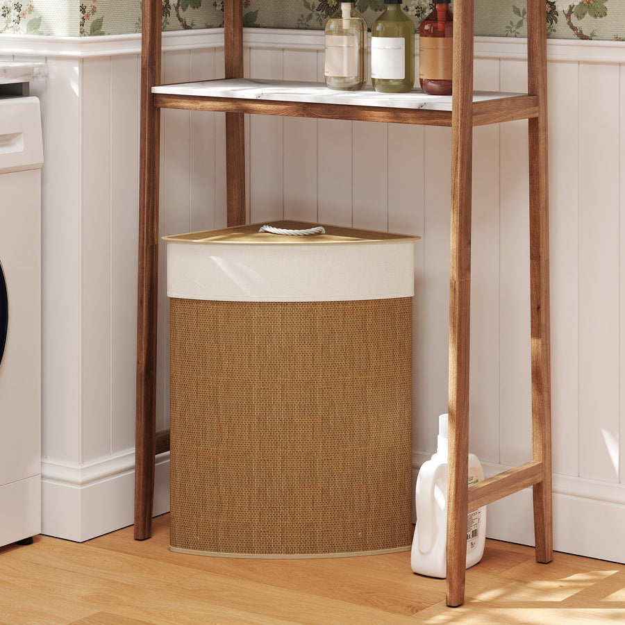Bamboo Laundry Basket with Lid, 55L Corner Laundry Hamper with Removable Washable Liner Bag, Bathroom Triangle Washing Basket, 35 x 35 x 60 cm, Brown