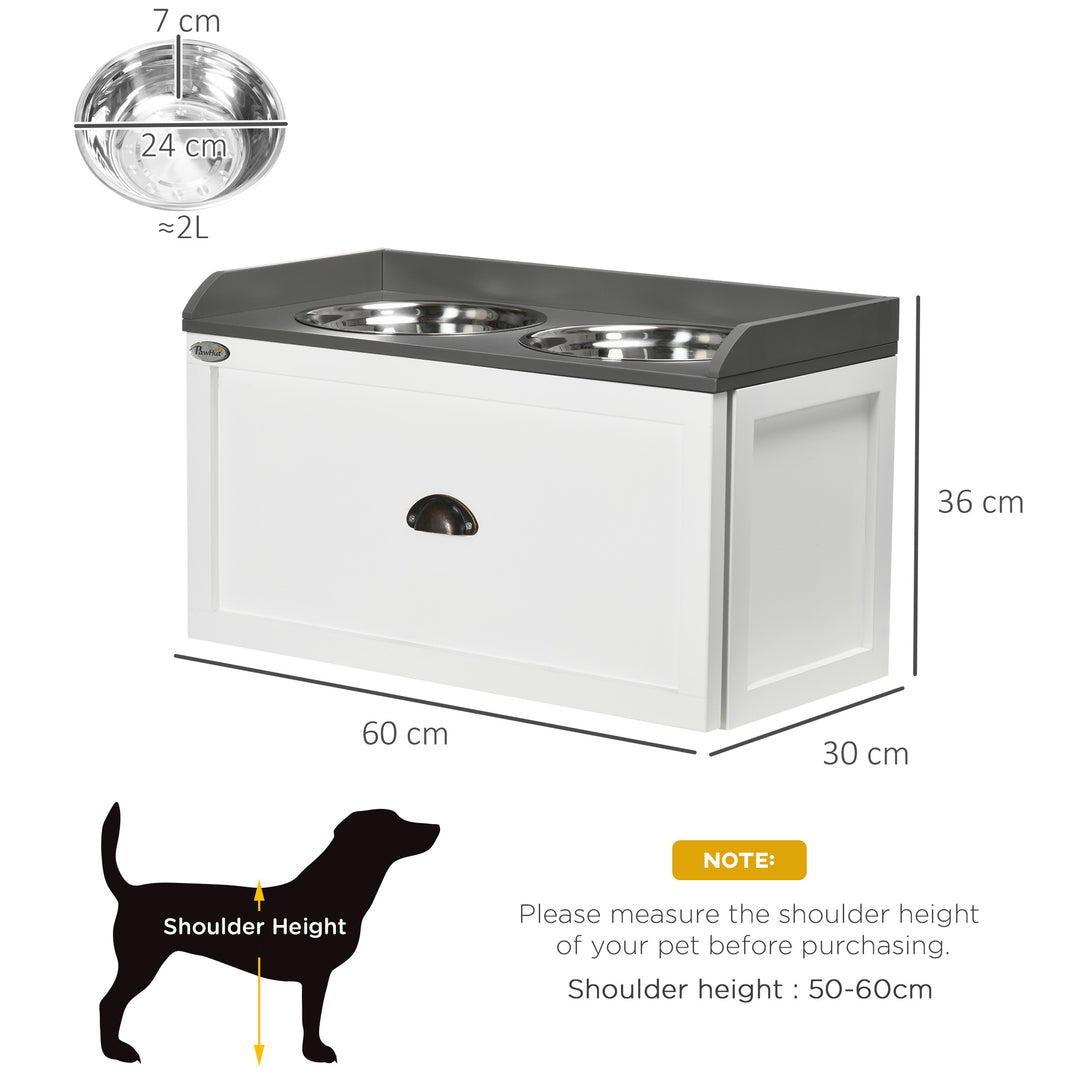 PawHut Stainless Steel Raised Dog Bowls with 21L Storage Drawer for Large Dogs and Cats - White | Aosom UK