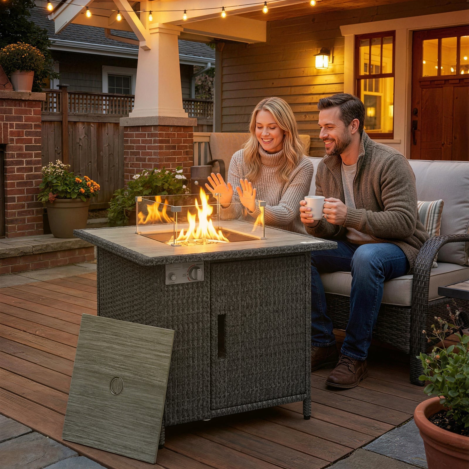 14.5 KW Rattan Gas Fire Pit Dining Table with Rain Cover, Wind Guard, 