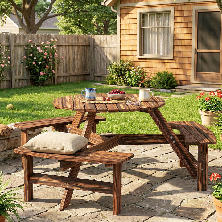 Wooden Garden Dining Set, 6 Seater Round Dining Picnic Table with Matc