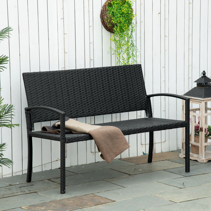 MCL 2 Seater Poly Rattan Garden Bench, All Weather Wicker Garden Loveseat, Outdoor Seating Bench with 240 Load Capacity, Backrest and Armrests for Patio, Terrace, Balcony, Black