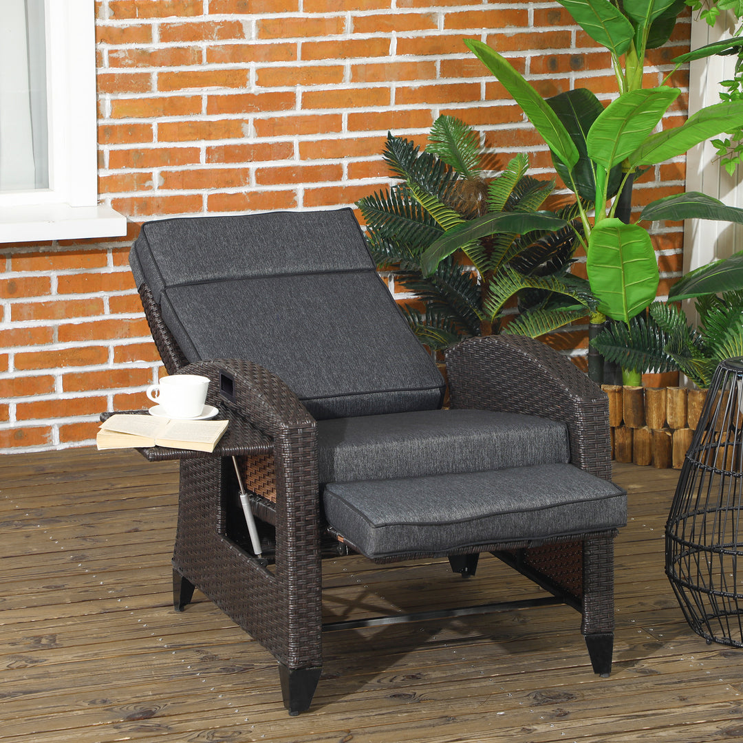 Outdoor Recliner Chair with Adjustable Backrest and Footrest, Cushion, Side Tray, Dark Grey/Brown
