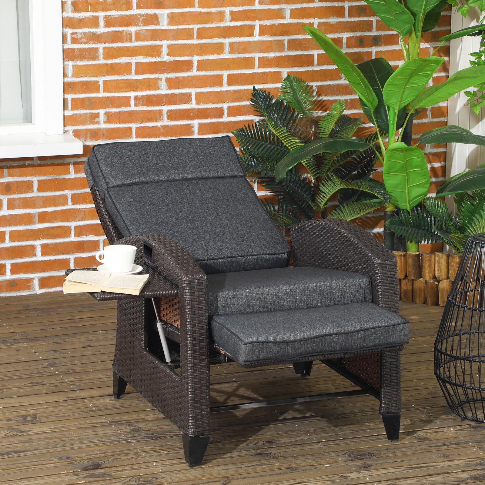 Outdoor Recliner Chair with Adjustable Backrest and Footrest, Cushion, Side Tray, Dark Grey/Brown