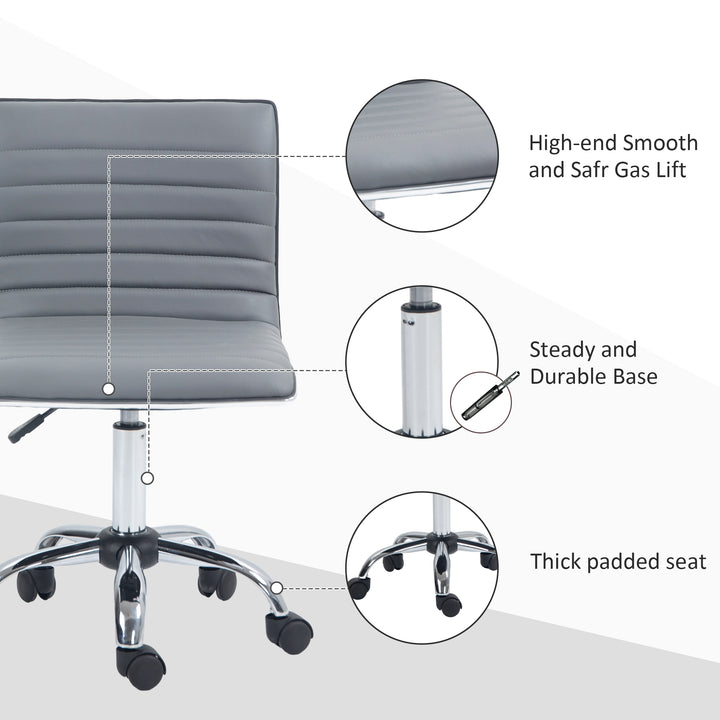 Armless Task Desk Chair, Swivel Office Chair with Faux Leather, Adjustable Seat Height, Chrome Base, Wheels for Home, Light Grey