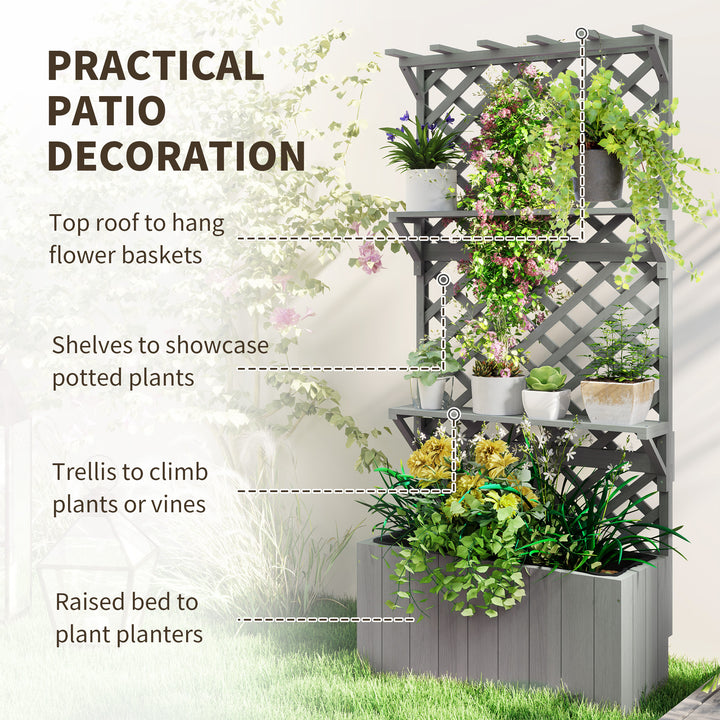 52L Wooden Planter, with Trellis and Shelves - Natural Finish