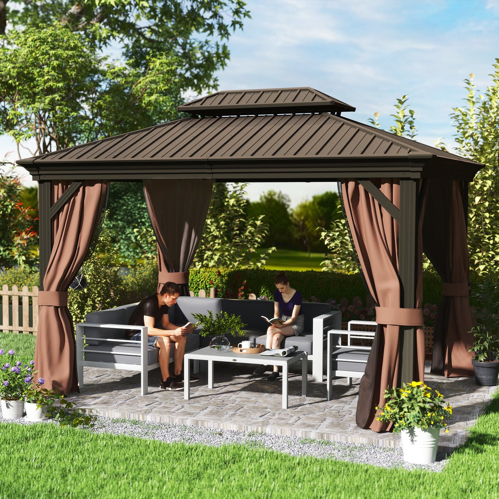 3 x 3.7m Outdoor Hardtop Gazebo Canopy Aluminium Frame with 2-Tier Roof & Mesh Netting Sidewalls for Patio, Dark Brown