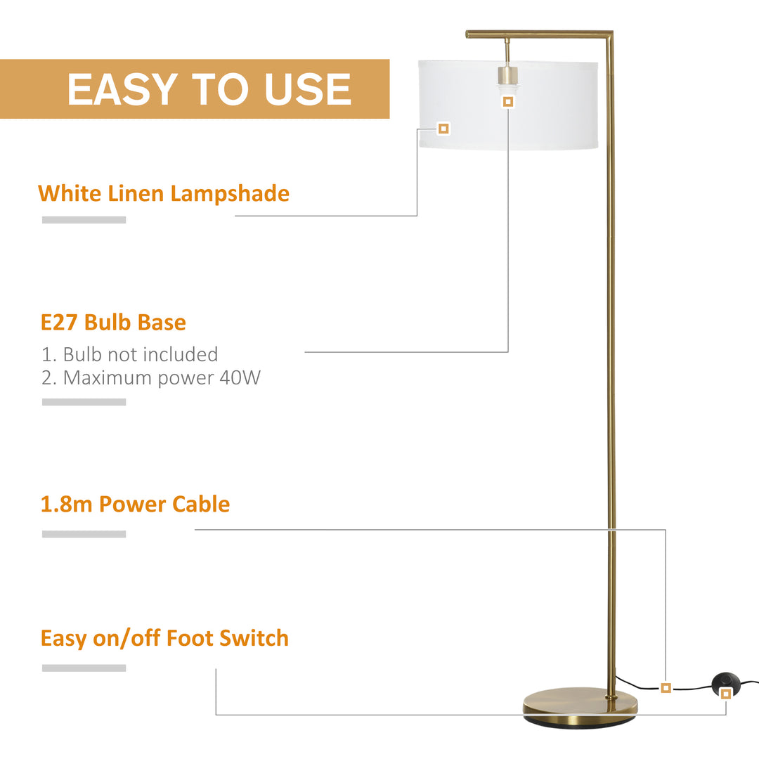 HOMCOM Floor Lights with Linen Lampshade, Round Base, Modern Floor Standing Lamp for Living Room, Bedroom, Dining Room, Gold and White | Aosom UK