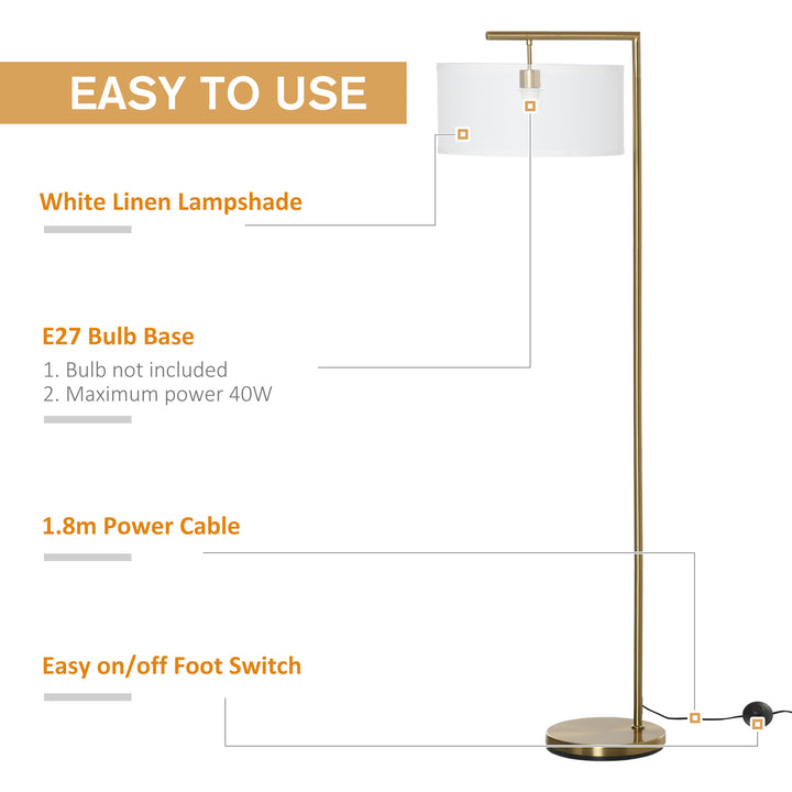 HOMCOM Floor Lamp, Modern Standing Light with Linen Lampshade, Round Base for Living Room, Bedroom, Dining Room, Gold and White