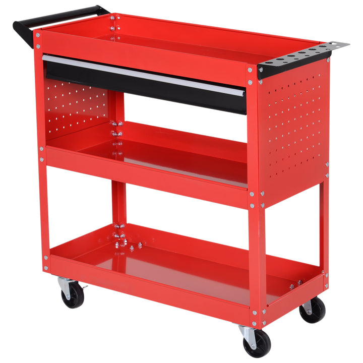 DURHAND 3-Tier Tool Trolley Cart Storage Shelf Roller Cabinet DIY Box Garage Workshop with Drawer Red | Aosom UK