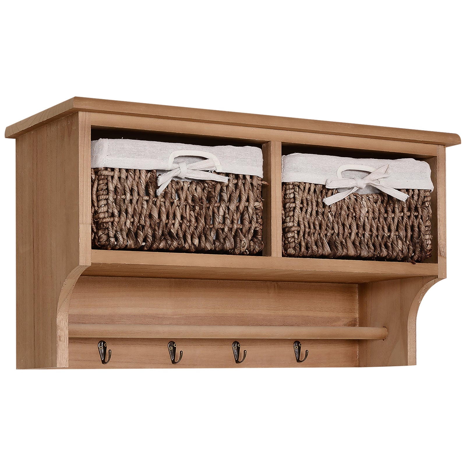 Entryway Coat Rack Wall Mounted Shelf w/ 2 Corn Husk Baskets and Hooks, Brown