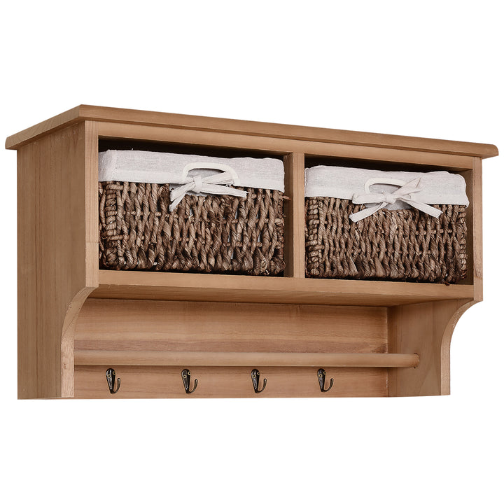 MCL Entryway Coat Rack Wall Mounted Shelf w/ 2 Corn Husk Baskets and Hooks, Brown