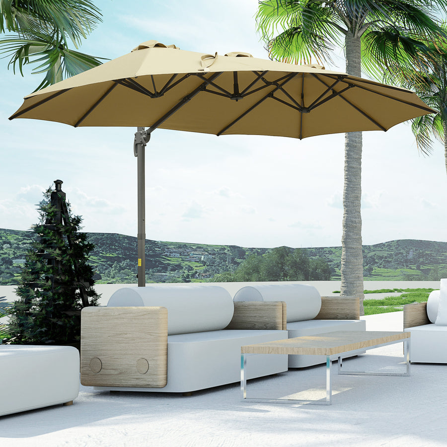 4.5 m Patio Parasol, Large Double-Sided Rectangular Garden Umbrella with Crank Handle, 360° Cross Base for Bench, Outdoor, Khaki