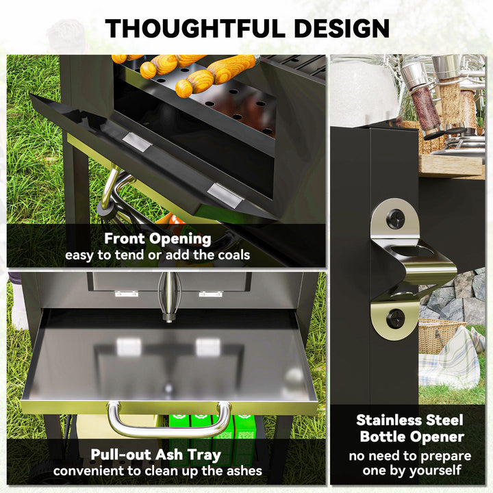 Charcoal BBQ Grill with Height Adjustable Charcoal Pan, Barbecue Smoker with Warming Rack, 3 Shelves, Temperature Gauge, Wheels, Bottle Opener for Outdoor Cooking Garden Party