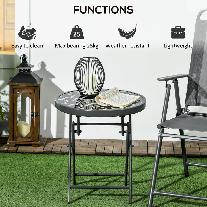 Φ45cm Garden Side Table, Outdoor Round Folding Patio Table with Imitation Marble Glass Top, Small Coffee Table, Black and White