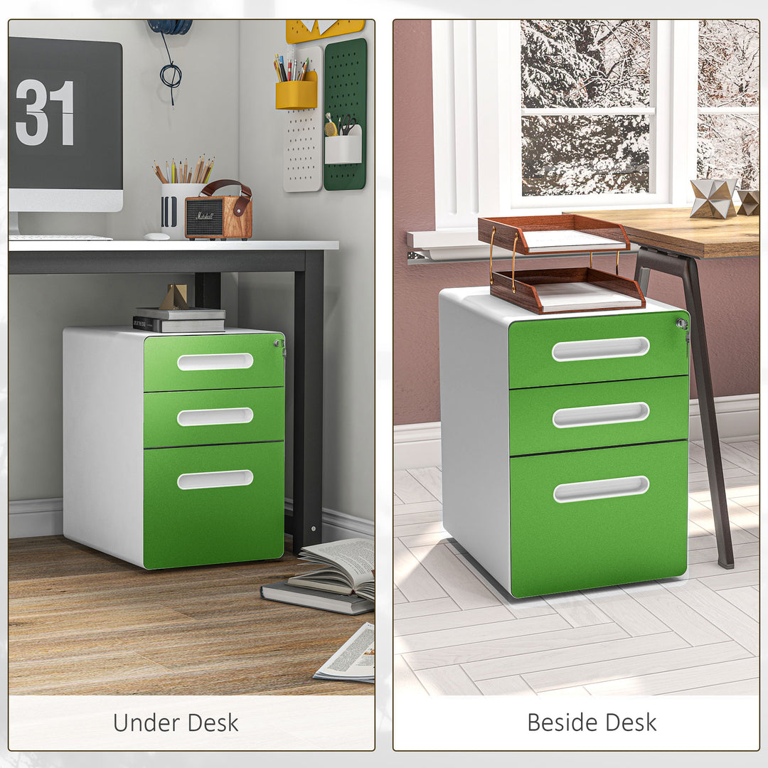 3 Drawer Filing Cabinet, Steel Lockable File Cabinet with Lock and Wheels, for A4, Letter, Legal Sized Files, Green