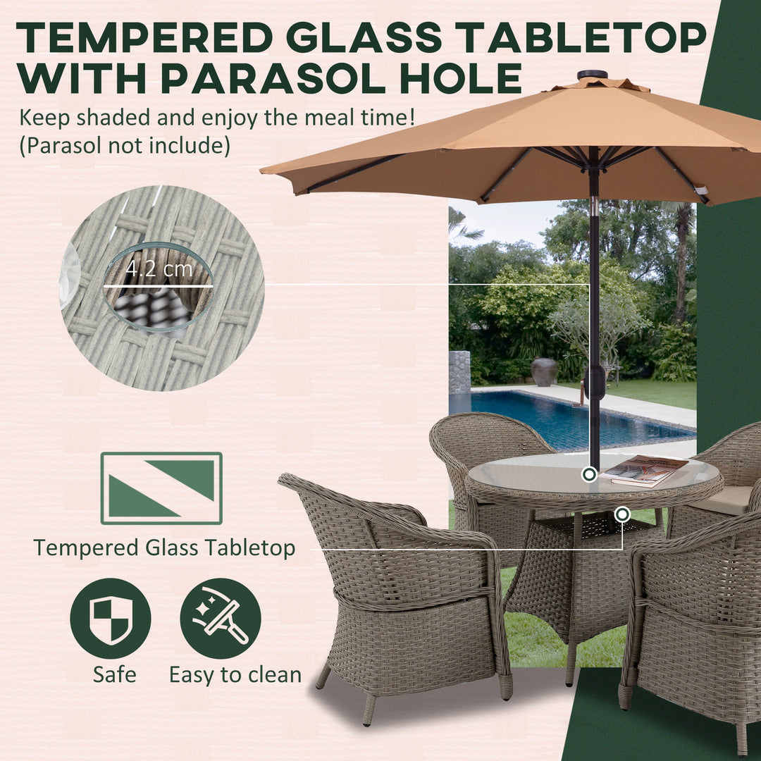 4 Seater Rattan Garden Furniture Set with Cushions, Round PE Rattan Dining Set with Glass-Top Table, Umbrella Hole, Outdoor Garden Table and Chairs, Mixed Grey