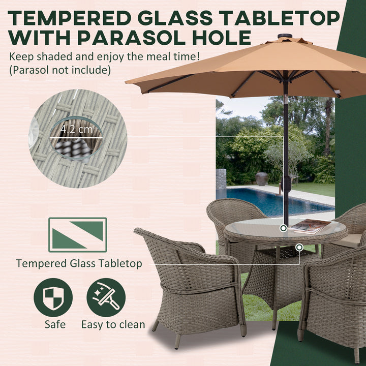 4 Seater Rattan Garden Furniture Set with Cushions, Round PE Rattan Dining Set with Glass-Top Table, Umbrella Hole, Outdoor Garden Table and Chairs, Mixed Grey