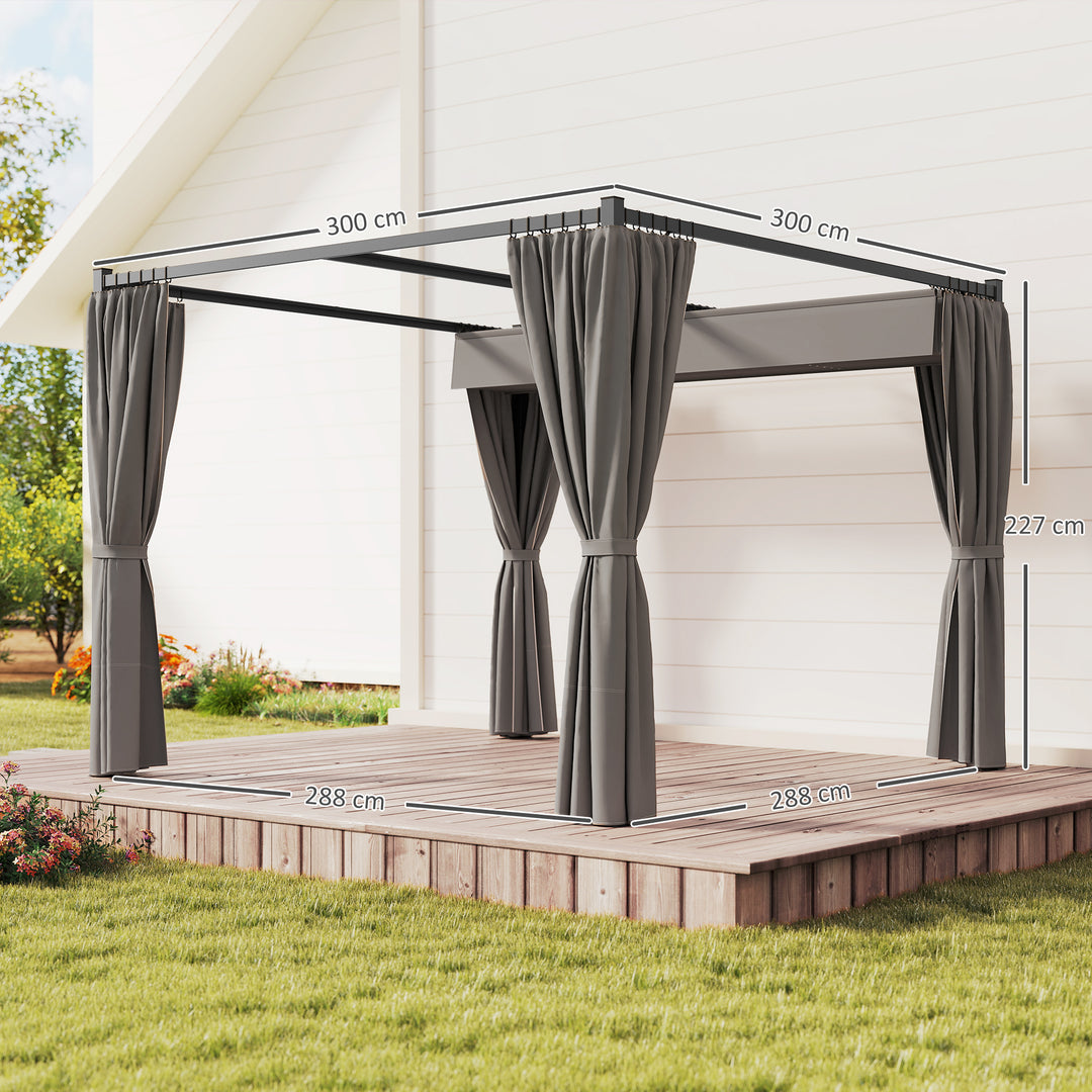 3 x 3m Moving Canopy Metal Pergola, with Curtains - Grey