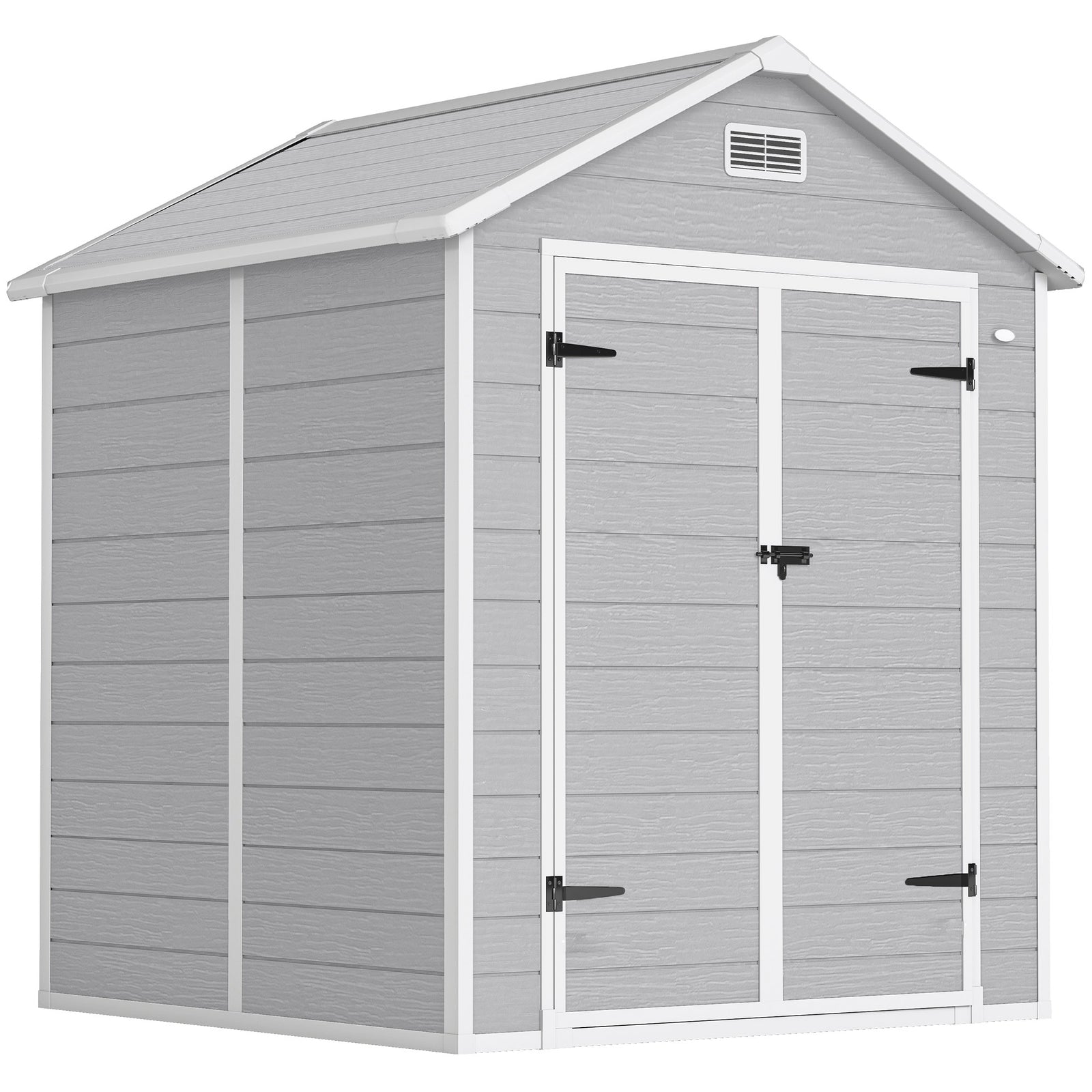 6 x 5ft Garden Shed, Plastic Shed with Floor, Window, Lockable Doors and Vents, Wood Effect Resin Tool Shed for Outdoor Patio, Light Grey