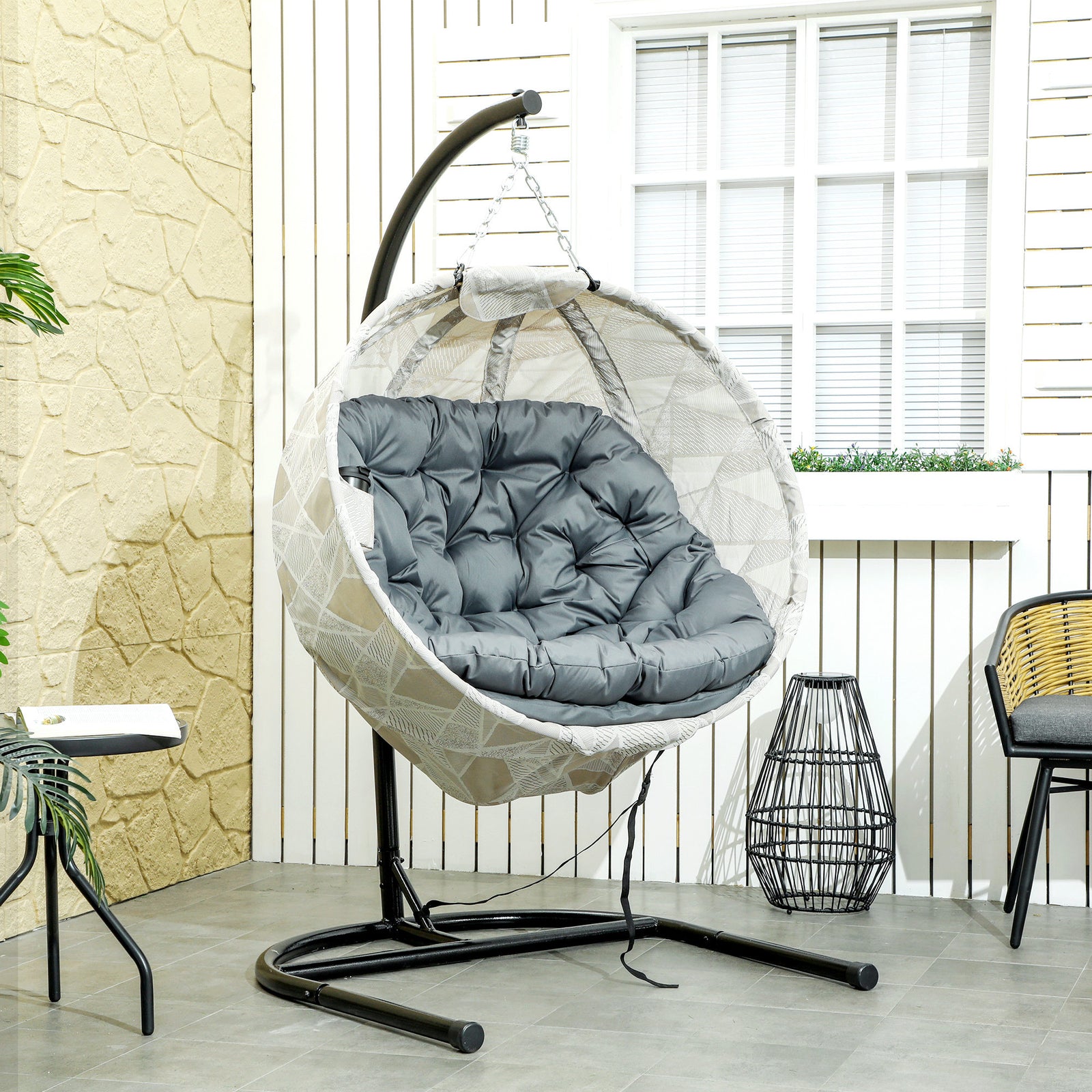 Hanging Egg Chair Outdoor Indoor Garden Swing Chair with Folding Basket, Garden Hanging Chair with Stand, Thickened Cushion, Cup Holder for Patio, Balcony, Grey