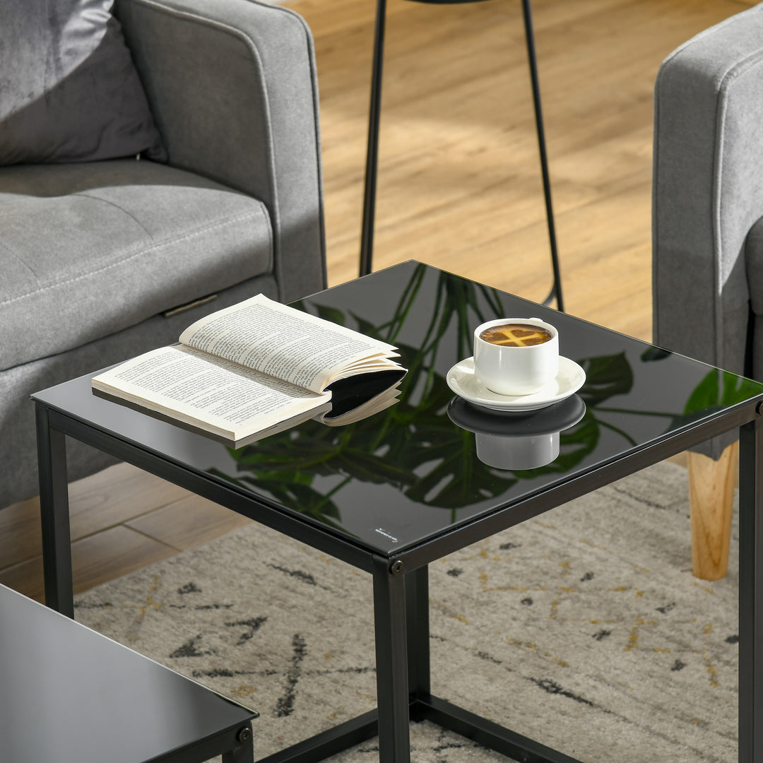 HOMCOM Set of 2 Nesting Side Tables, Modern Bedside Tables with Tempered Glass Top for Living Room, Bedroom, Office, Black