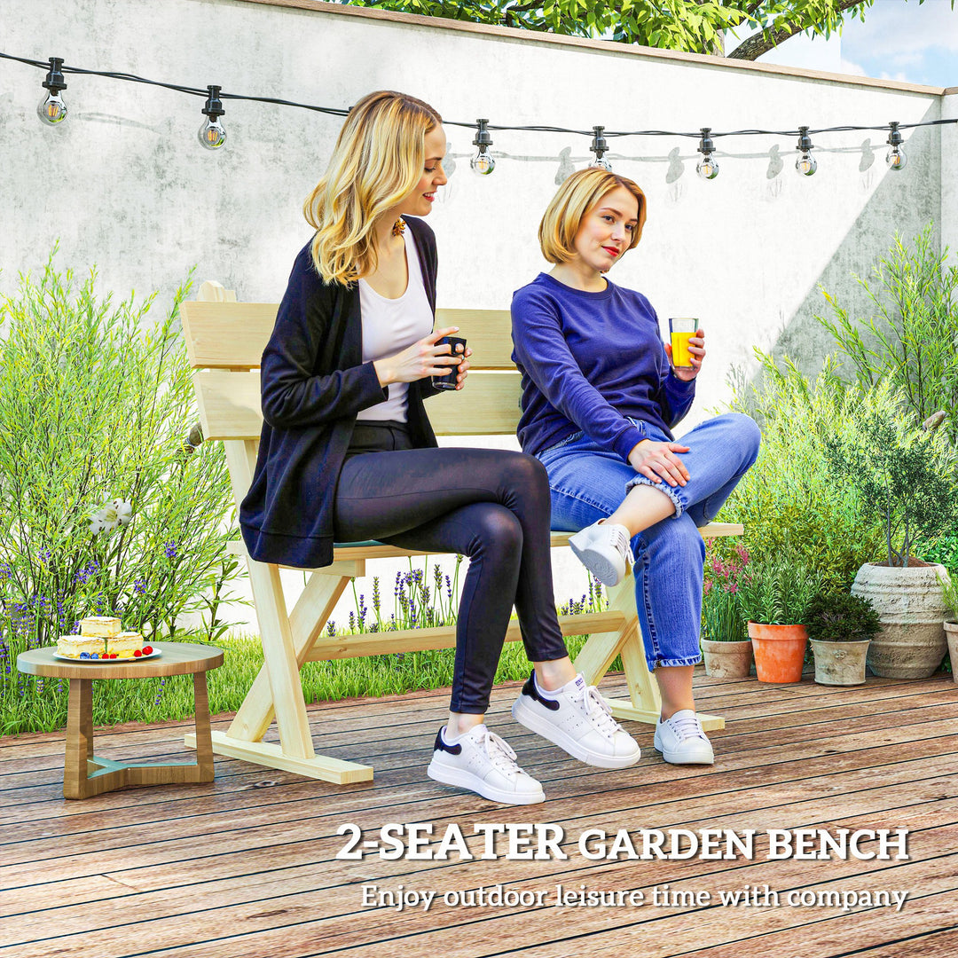 2 Seater Wooden Garden Bench, Fir Wood Outdoor Bench, Garden Loveseat with Slatted Seat, Sloping Back and Wide Feet for Patio, Park, Natural Wood Finish