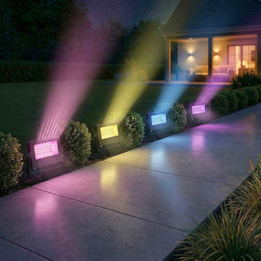 32W LED Floodlights, Linkable 4-Pack Landscape Lighting with Remote Co