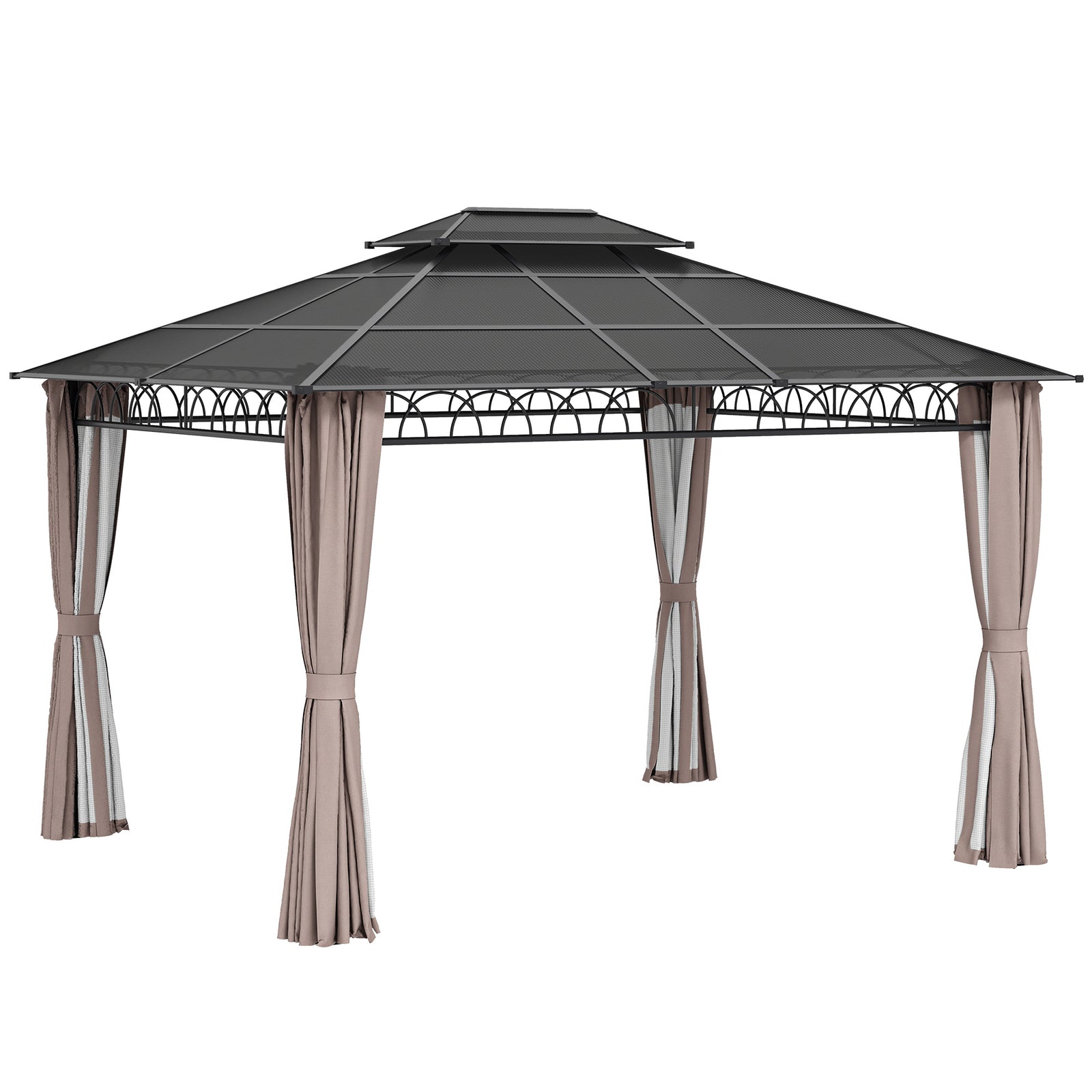 3.6 x 3 (m) Outdoor Polycarbonate Gazebo, Double Roof Hard Top Gazebo with Nettings & Curtains for Garden, Lawn, Patio