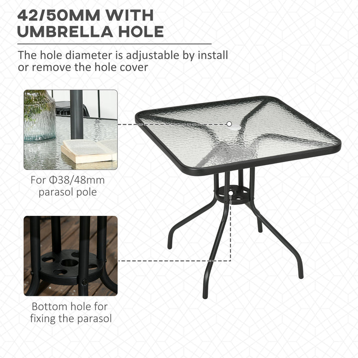 Square Garden Dining Table with Tempered Glass Top & Umbrella Hole, 76 x 76 cm