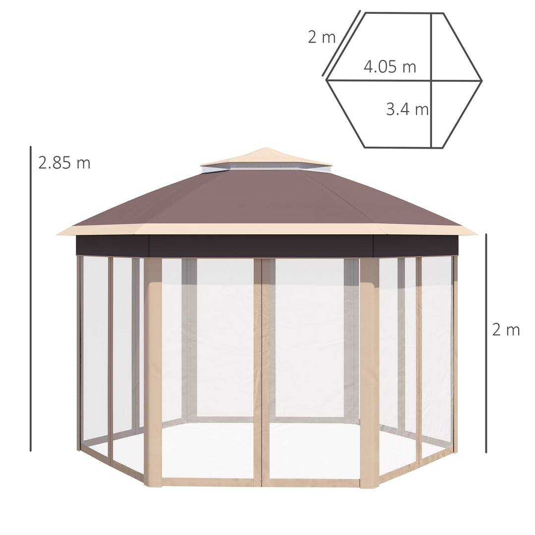 Outsunny Hexagon Pop Up Gazebo Outdoor Patio Gazebo Double Roof Instant Shelter with Netting, 3 x 4m, Khaki