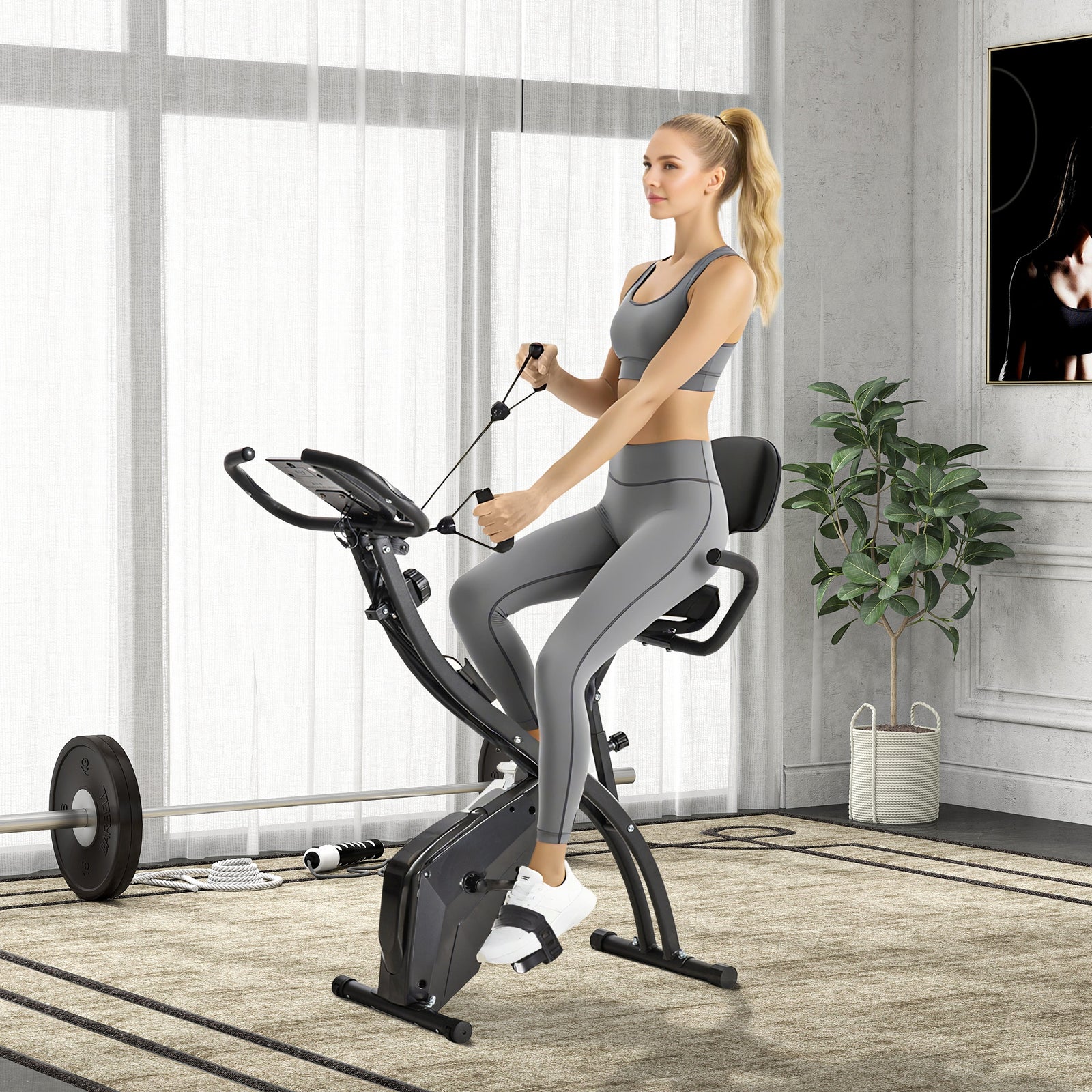 2-in-1 Folding Exercise Bike with 8-Level Magnetic Resistance, Arm Resistance Band, Pulse Sensor, Black
