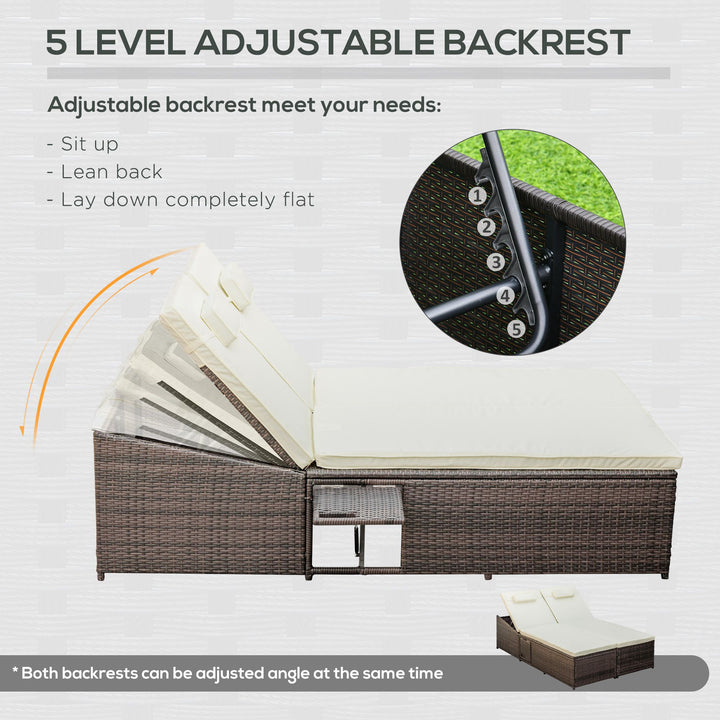 Double Rattan Sun Lounger, Garden Daybed with 5-Level Adjustable Backrest and Flip Side Trays, Wicker Outdoor Furniture Recliner with Cushions and Pillows for Patio, Cream White