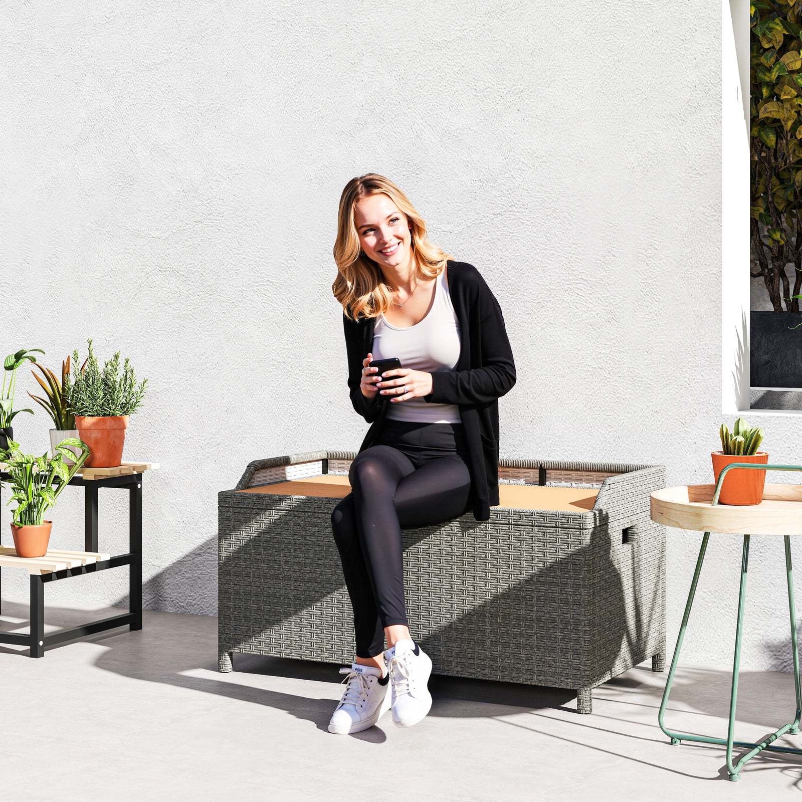 130 L Rattan Garden Storage Box, with Seat - Grey