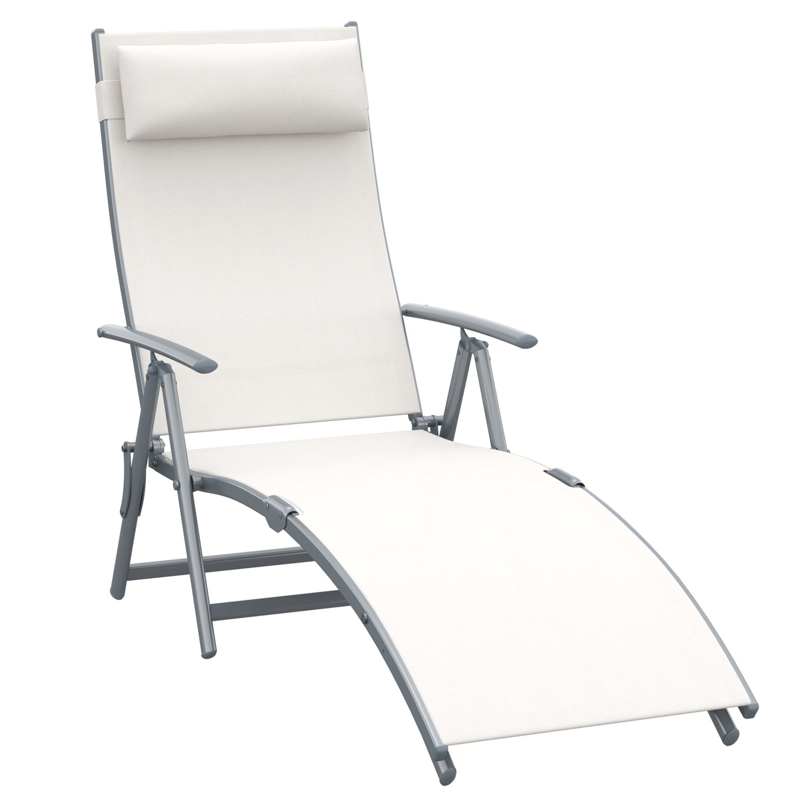 Sun Lounger Steel Frame Outdoor Folding Chaise Texteline Lounge Chair Recliner with Headrest & 7 Levels Adjustable Backrest, Cream White