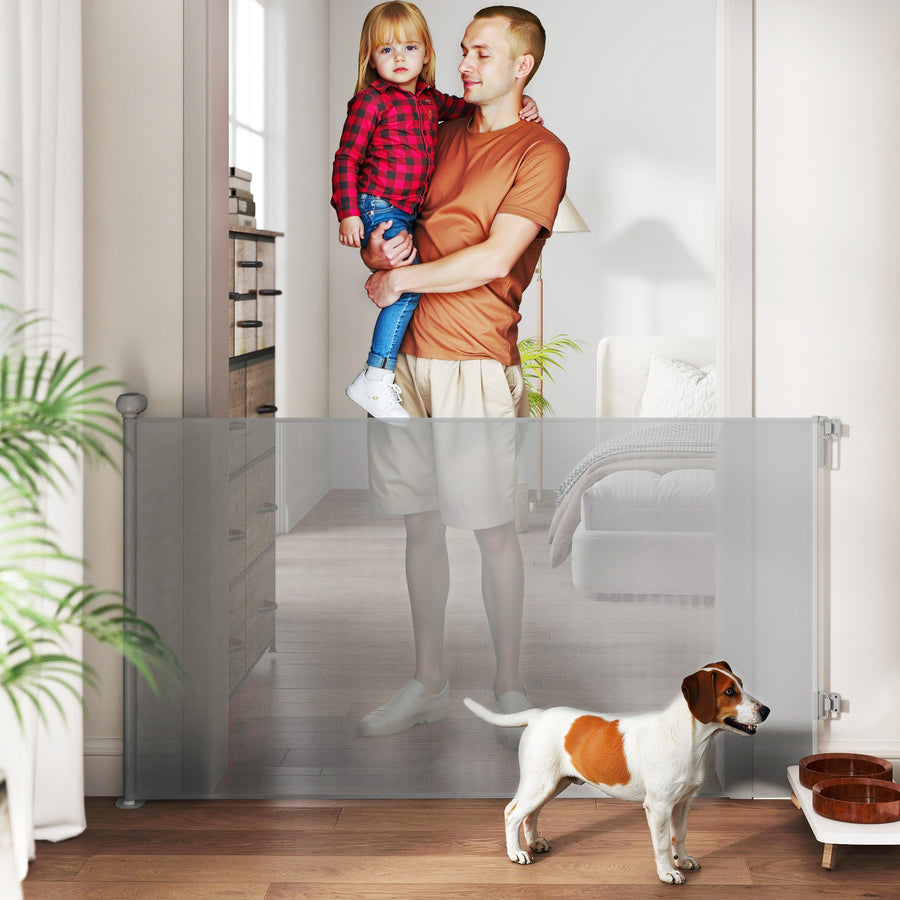 Retractable Stair Gate Extends Up to 140 cm Wide, Dog Gate for Doorways, Stairways, Hallways, Grey