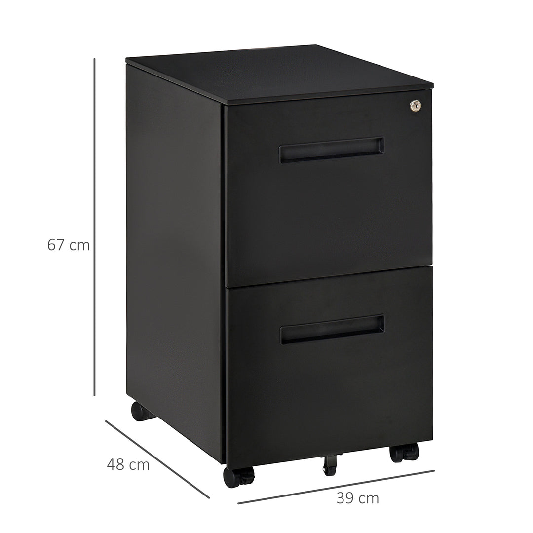 MCL Metal Mobile File Cabinet with Wheels, Lockable 2 Drawer Filing Cabinet for A4, Legal, Letter, Compact Under Desk Storage Unit with Pre-Assembled Body for Home Office, 39 x 48 x 67cm, Black
