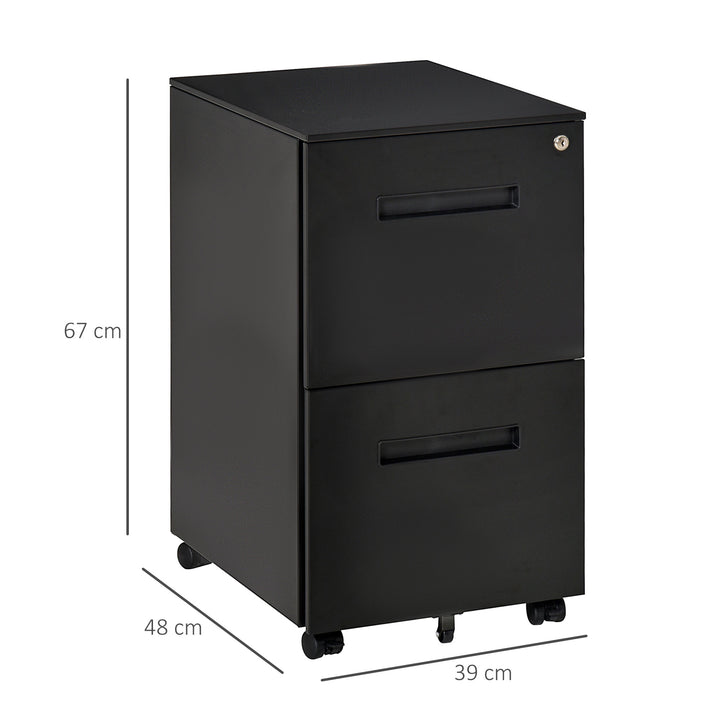 Metal Mobile File Cabinet with Wheels, Lockable 2 Drawer Filing Cabinet for A4, Legal, Letter, Compact Under Desk Storage Unit with Pre-Assembled Body for Home Office, 39 x 48 x 67cm, Black