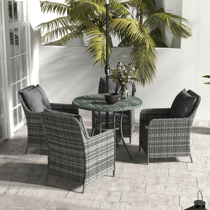 4 Seater Rattan Dining Set with Parasol & Cushions - Mixed Grey