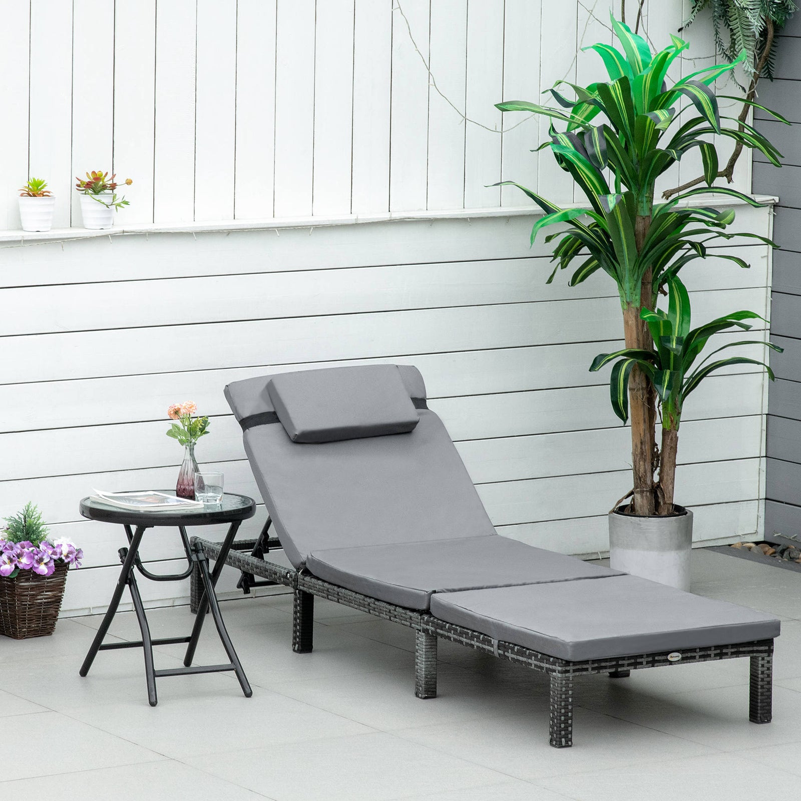 Rattan Sun Lounger, 5-Level Adjustable Garden Lounger Recliner with Cushion and Headrest, Outdoor Reclining Sunbed, Steel Frame Garden Chair for Patio, Beach, Terrace, Dark Grey