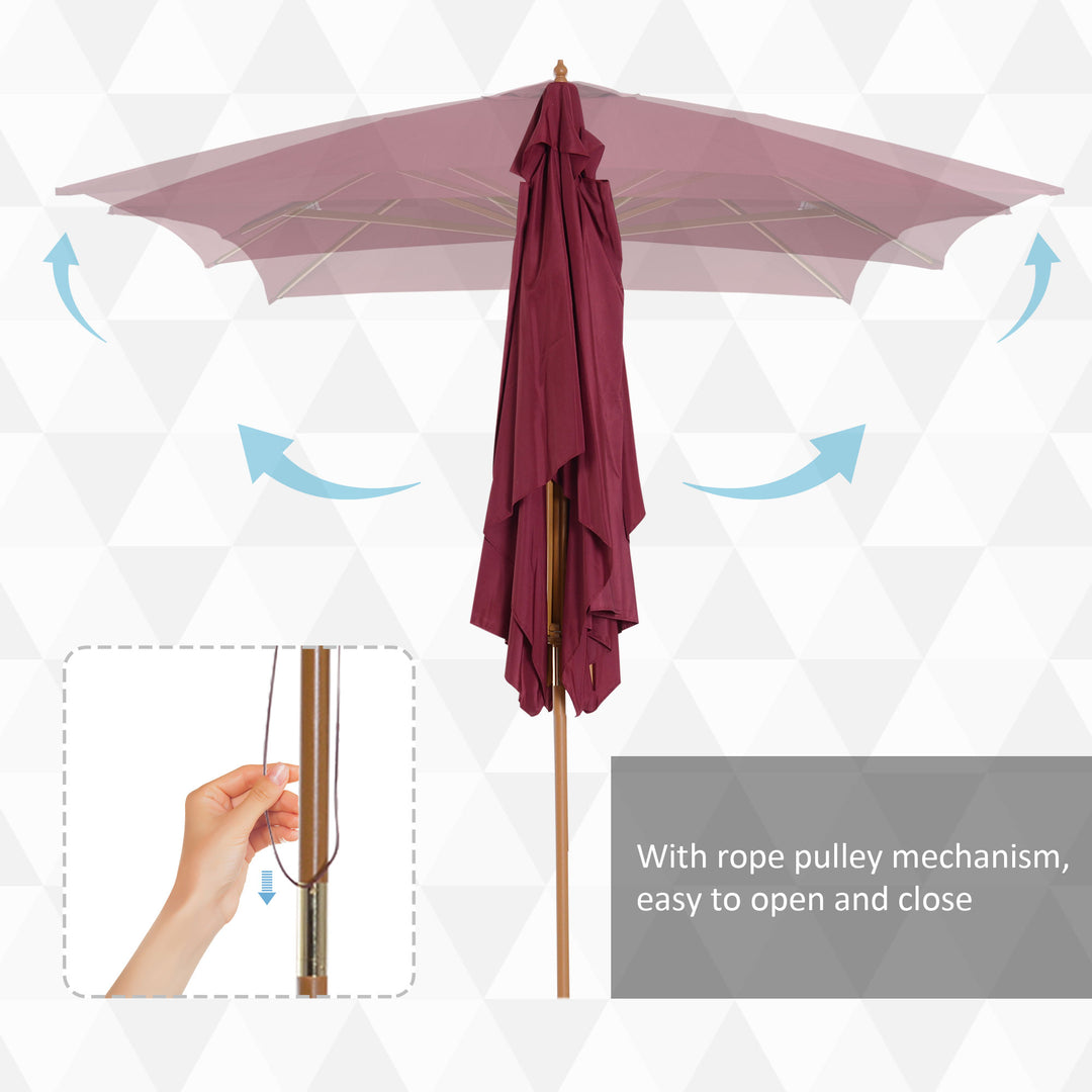 2 x 3m Wooden Garden Parasol Umbrella Outdoor Sun Shade Canopy, Wine Red